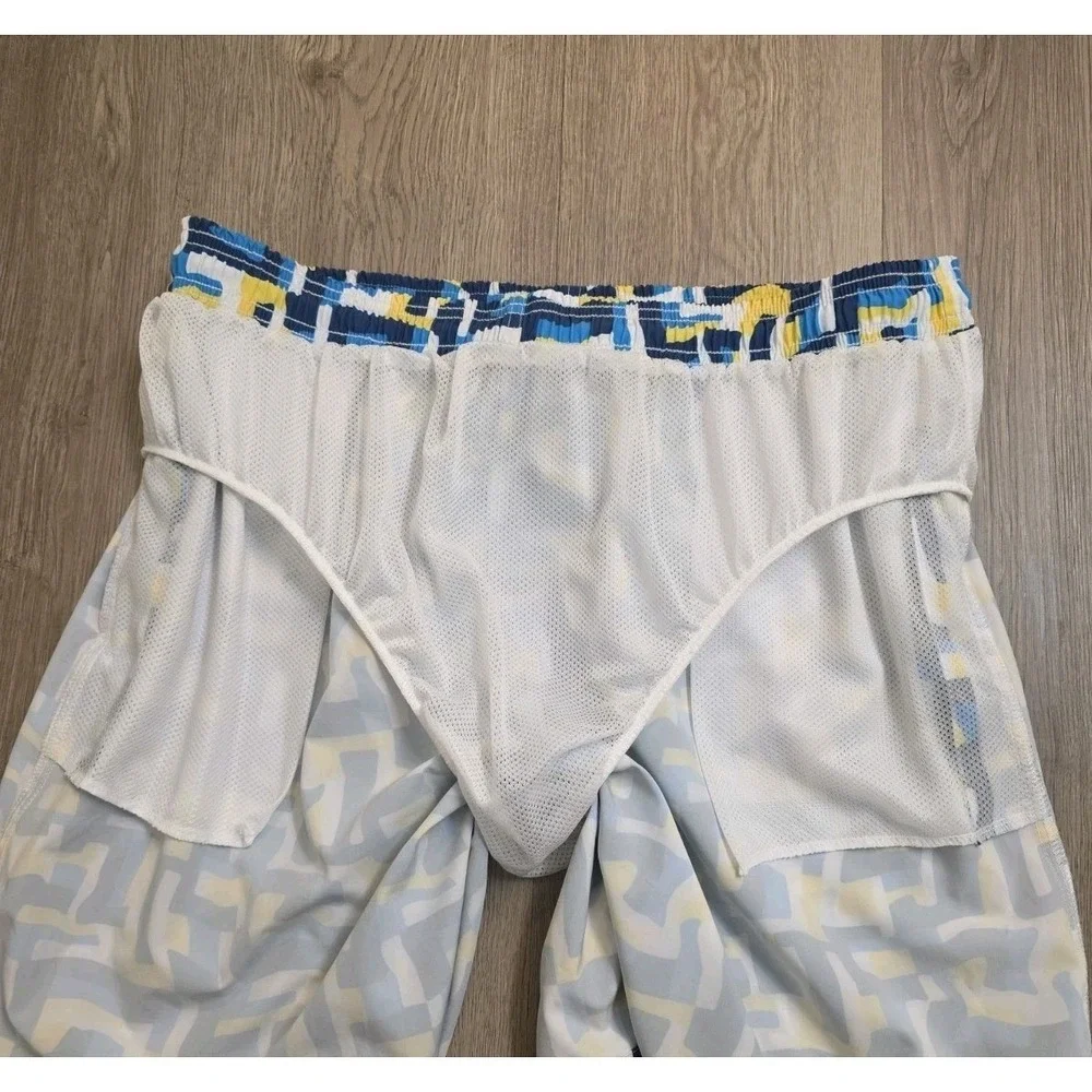 Hot‎ Coals Mens XL Swim Trunks Blue Yellow Geometric Maze Quick Dry UPF 50+ NWT